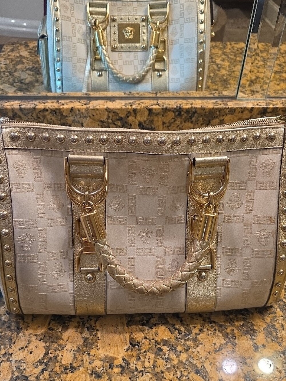 Gorgeous Versace Cream and Gold Medusa Studded Satchel with Braided Handle - Picture 9 of 16